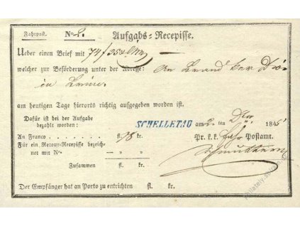 Schelletau, modrá razítko, recepis z roku 1845