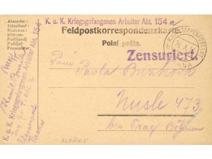 Tirana b, lístek PP zasl. v roce 1916 do Prahy