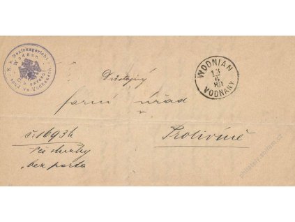 Vodňany, skládaný dopis z roku 1889, stopy pošt. provozu