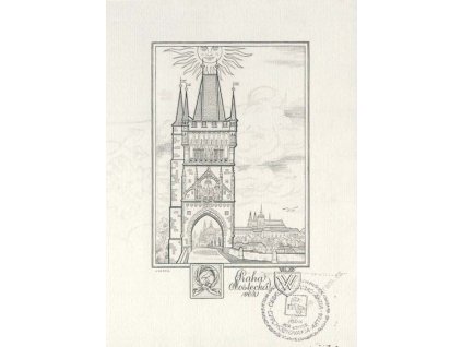 Herčík, rytina Praha Mostecká věž, ruční papír