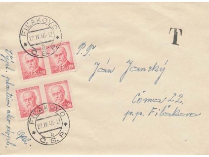 1946, Dopis zaslaný nevyplaceně v roce 1946 do Filakova