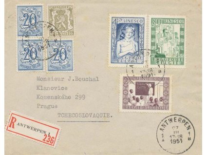 1951, R-dopis vyfrankovaný pestrou frankaturou známek