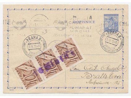 1946, dopisnice 60h Ratolest zaslaná v roce 1946 z Prahy