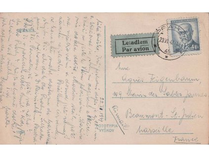 1947, DR Praha, letecká pohlednice zaslaná do Francie