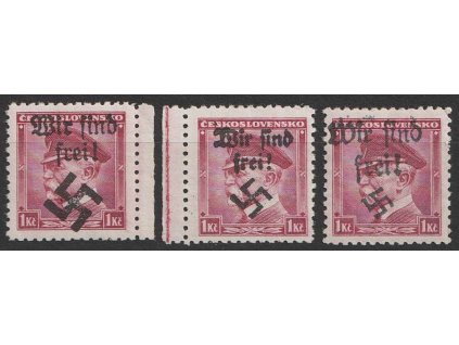 1Kč Masaryk, 3 kusy, různé svastiky, přetisk Wir sind frei!, **