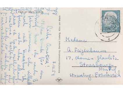 1954, DR Köln, pohlednice zaslaná do Francie