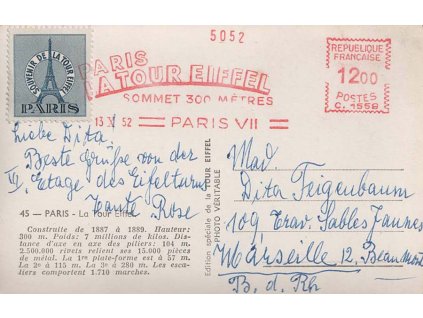 1952, Paříž, pohlednice zaslaná do Marseille, hezké