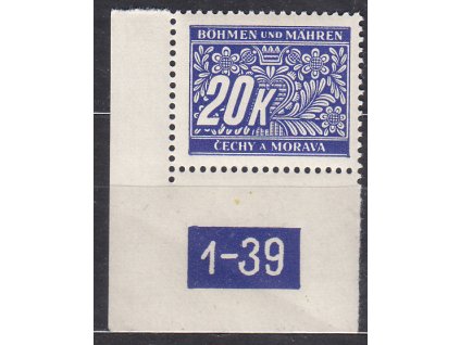 20K modrá, levý roh. kus s DČ 1-39, var. Y, Nr.DL14, **