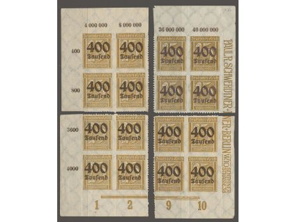 1923, 400 Tsd/25 Pf, rohová miniatura ve 4blocích, MiNr.298, **