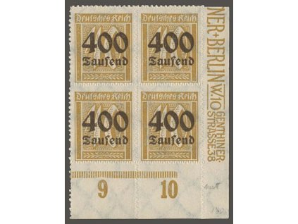 1923, 400 Tsd/40 Pf, rohový 4blok, MiNr.300, **