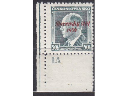 1939, 50h Beneš, roh. kus s DČ 1A, Nr.8, **, malá skvrnka