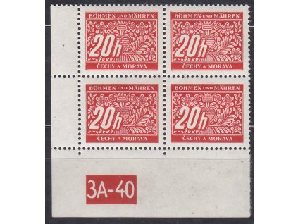20h červená, levý roh. 4blok s DČ 3A-40, varianta X, Nr.DL3, **