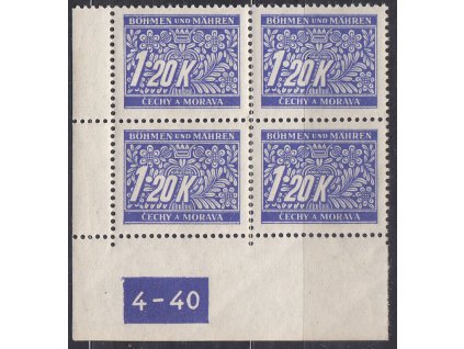 1.20K modrá, levý roh. 4blok s DČ 4-40, varianta X, Nr.DL10, **