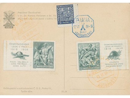 1938, pamětní razítka na pohlednici T.G.Masaryka, neprošlé