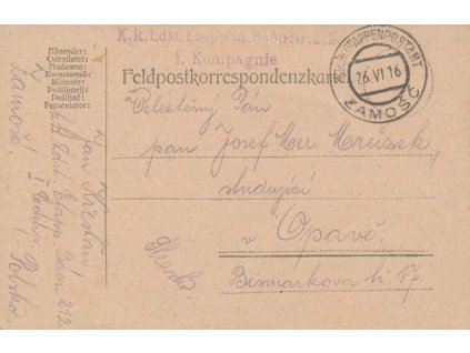 Zamošč, lístek PP zaslaný v roce 1916 do Opavy, lehká omačkání