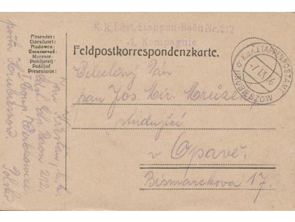 Hrubieszow b, lístek PP zaslaný v roce 1916 do Opavy, dv růžek