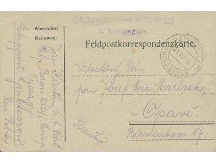 Hrubieszow b, lístek PP zasl. v roce 1916 do Opavy, dv růžek
