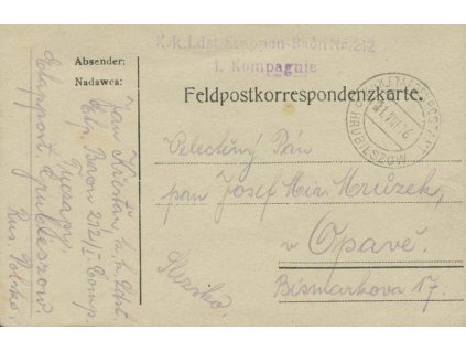 Hrubieszow b, lístek PP zaslaný v roce 1916 do Opavy, dv růžek