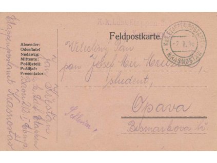 Krasnostaw, lístek PP zaslaný v roce 1916 do Opavy