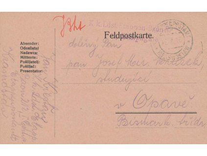 Krasnostaw, lístek PP zaslaný v roce 1916 do Opavy