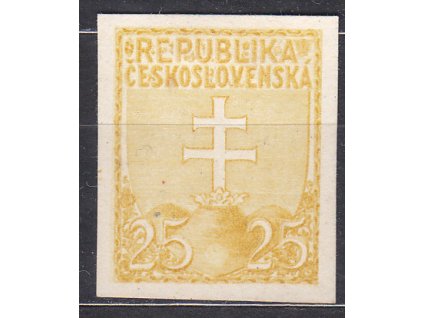 Návrh na čs. kolek 25h Lev v barvě žluté na silném křídovém papíru bez lepu, cca 1920, dv