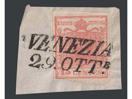 Lombardsko, 1850, 15 C Znak, razítko Venezia, výstřižek, MiNr.3
