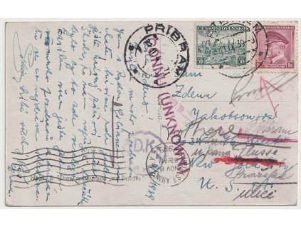 1939, pohlednice zaslaná do USA, známky 50h Plzeň a 1K TGM