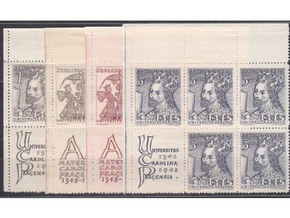 1948, 1.50-5Kčs Karlova Univerzita, levé horní roh. 6bloky, Nr.470-73, **