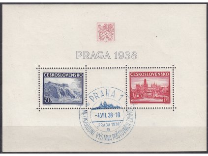 1938, aršík PRAGA, pamětní razítko PRAHA 1, písmenko "A", Nr.A342-3, ilustrační foto