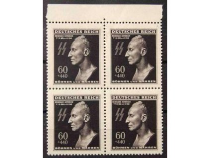 55) 1943, 60h R.Heydrich, Nr.111, krajový čtyřblok, DV - tečka pod BÖHMEN, Engel.kat.N