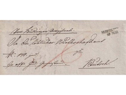 M:Budwitz, modré razítko, skládaný dopis, prošlé v roce 1845