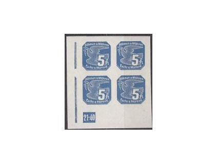 1939, 5h modrá, levý roh. 4blok s DČ 21-40, Nr.NV2, **