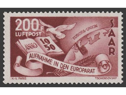 Saarland, 1950, 200 Fr letecká, MiNr.298, větší *