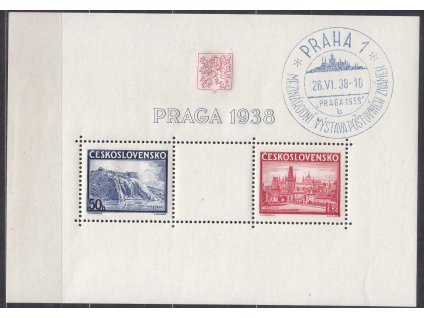 1938, aršík PRAGA, pamětní razítko PRAHA 1, písmenko "b", Nr.A342-3, ilustrační foto