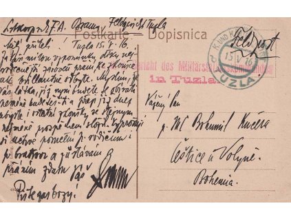 1916, DR Tuzla, cenzura, zasláno do Čech, dv, hezký kus