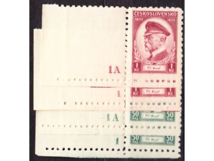 1935, 50h-1Kč Masaryk, 4 roh. kusy s DČ 1 a 1A,, Nr.285,286, * po nálepce, ilustrační foto