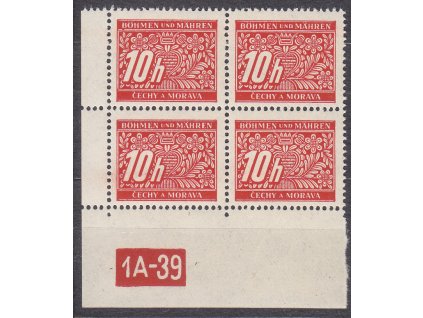 10h červená, levý roh. 4blok s DČ 1A-39, varianta X, Nr.DL2, **