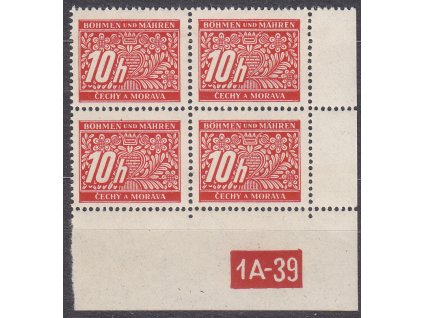 10h červená, pravý roh. 4blok s DČ 1A-39, varianta X, Nr.DL2, **