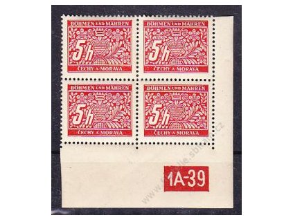 5h červená, pravý roh. 4blok s DČ 1A-39, varianta Y, Nr.DL1, **