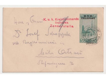 Dabrowa, 1915, dopisnice 5H s přetiskem K.U.K. FELDPOST