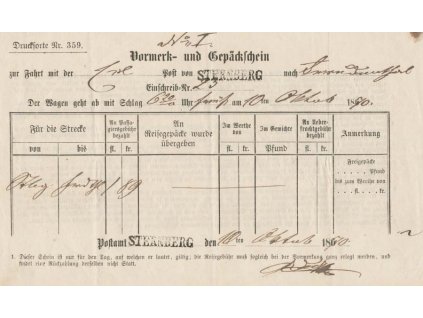 Sternberg, 1870, formulář Vormerk- und Gepäckschein,