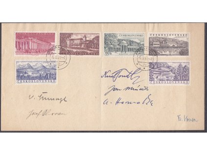 1958, výstřižek se sérií Lázně Nr.1003-8 se 6 orig. podpisy autorů těchto známek, svisle přeloženo