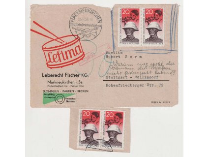 1958, 2 kusy výstřižků vyfrankovaných známkama 20 Pf Voják