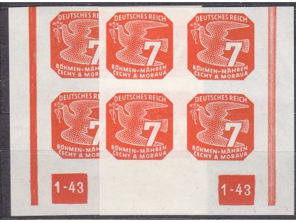 1943, 7h oranžová, L+P roh.4blok s DČ1-43 - nepřerušený rám, Nr.NV12, **