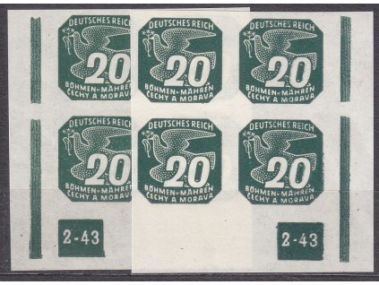 1943, 20h zelená, roh.4blok s DČ2-43, L+P, přerušený rám