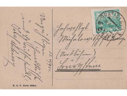 1920, DR Bratislava, pohlednice zaslaná do Čech
