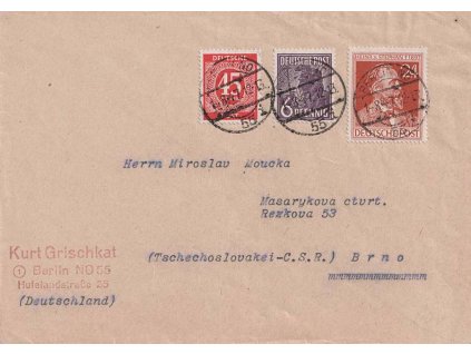 Sovětská zóna, 1947, DR Berlín, dopis zasl. do Brna, pestré