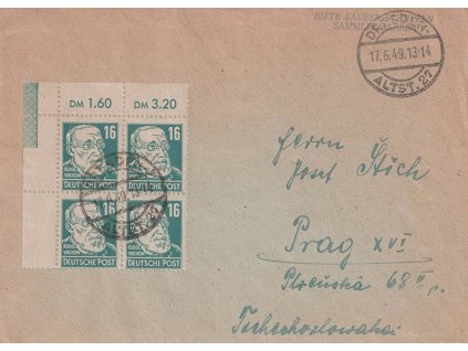 Sovětská zóna, 1949, DR Dresden, zasl. do Prahy, 4blok s (RL)