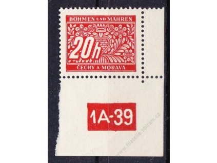 20h červená, pravý roh. kus s DČ 1A-39, varianta X, Nr.DL3, **