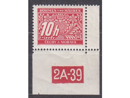 10h červená, pravý roh. kus s DČ 2A-39, varianta X, Nr.DL2, **